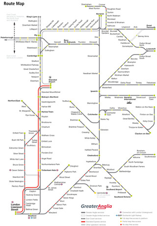 Carte du reseau de train urbain Abellio Greater Anglia de Londres